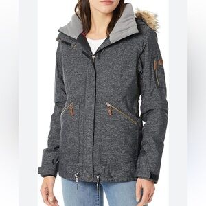 Roxy DryFlight 10K Heather Gray‎ Faux Fur Trim Hooded Winter Jacket EUC